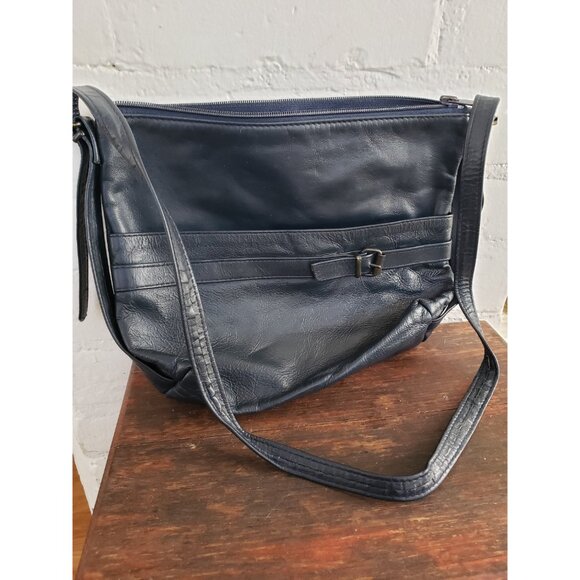 Dark Blue Leather Shoulder Bag with front Buckle and Pouch Vintage Leather Purse - Picture 8 of 10